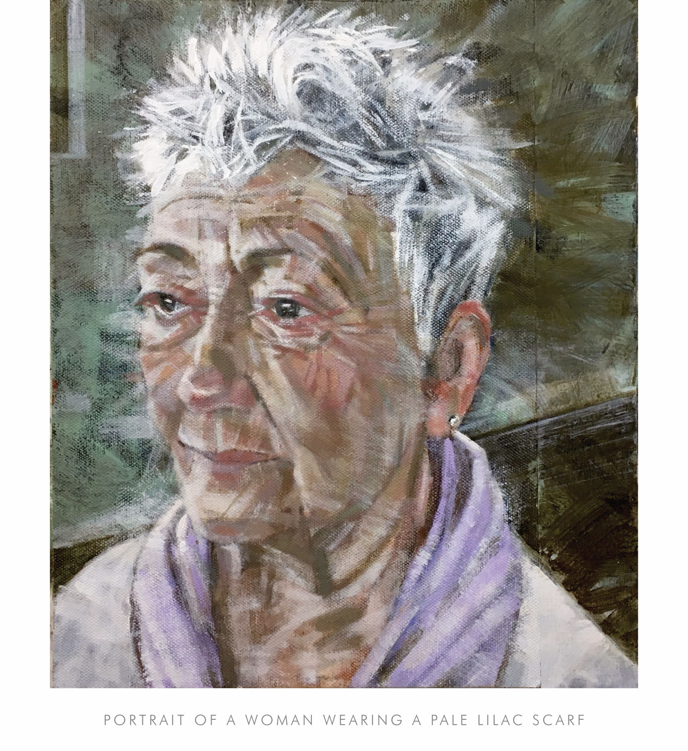 portrait of a woman wearing a pale lilac scarf